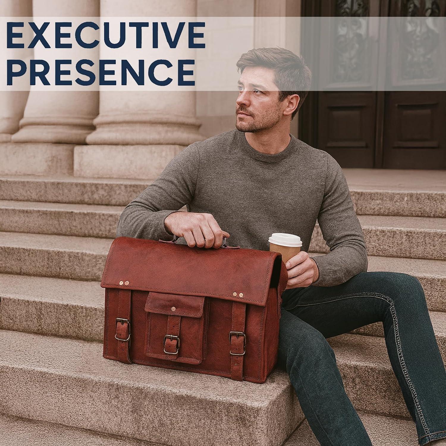 image:imageLeather Messenger Bag for Men  16 Full Grain Leather Laptop Briefcase  Vintage Computer Satchel Travel Crossbody Bag for Office amp Work16 Inches Brown