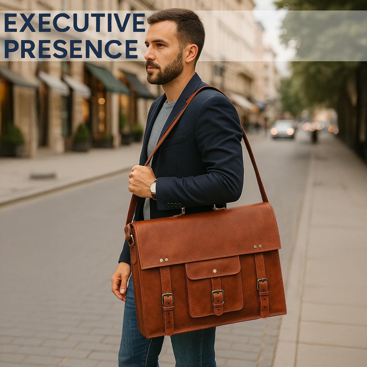 image:imageLeather Messenger Bag for Men  16 Full Grain Leather Laptop Briefcase  Vintage Computer Satchel Travel Crossbody Bag for Office amp Work18 Inches Brown
