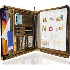 image:imageLeather Portfolio for Men  Full Grain Leather Padfolio Folder  Zipper Folio Documents Organizer  Professional Business Executive Gift for Men WomenBrown