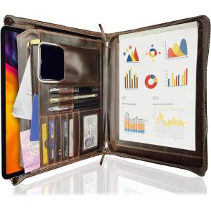 image:imageLeather Portfolio for Men  Full Grain Leather Padfolio Folder  Zipper Folio Documents Organizer  Professional Business Executive Gift for Men WomenDark Brown