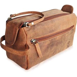 image:imageLeather Wash Bag for Men  Travel Toiletry Bag  Shaving Dopp Kit Toiletries Organizer  Leather Makeup Bag for WomenBrown