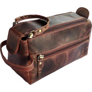 image:imageLeather Wash Bag for Men  Travel Toiletry Bag  Shaving Dopp Kit Toiletries Organizer  Leather Makeup Bag for WomenWalnut Brown