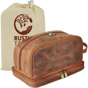 image:imageRUSTIC TOWN Leather Toiletry Bag  Waterproof Ditty Kit for Men and Women Travel Organizer for FullSize Essentials TSA ApprovedBrown