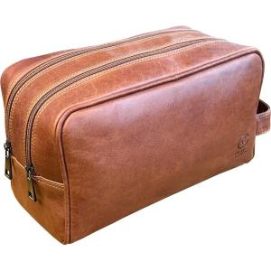 image:imageRUSTIC TOWN Leather Toiletry Bag for Men  Travel Shaving Ditty Kit  Bathroom Shower Toiletries Organizer  Leather Cosmetic Bag for Women Walnut BrownCognac