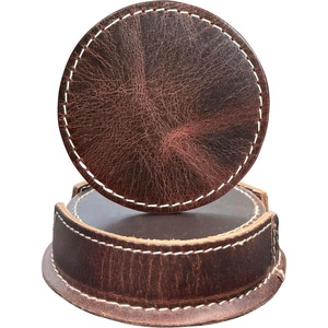 image:imageLeather Coasters for Drinks Set of 6 with Holder Round Dark Brown  Handmade Full Grain Leather Coasters for Coffee Table Kitchen Bar amp Desk Protects Wood Glass amp Marble Housewarming GiftDark Brown